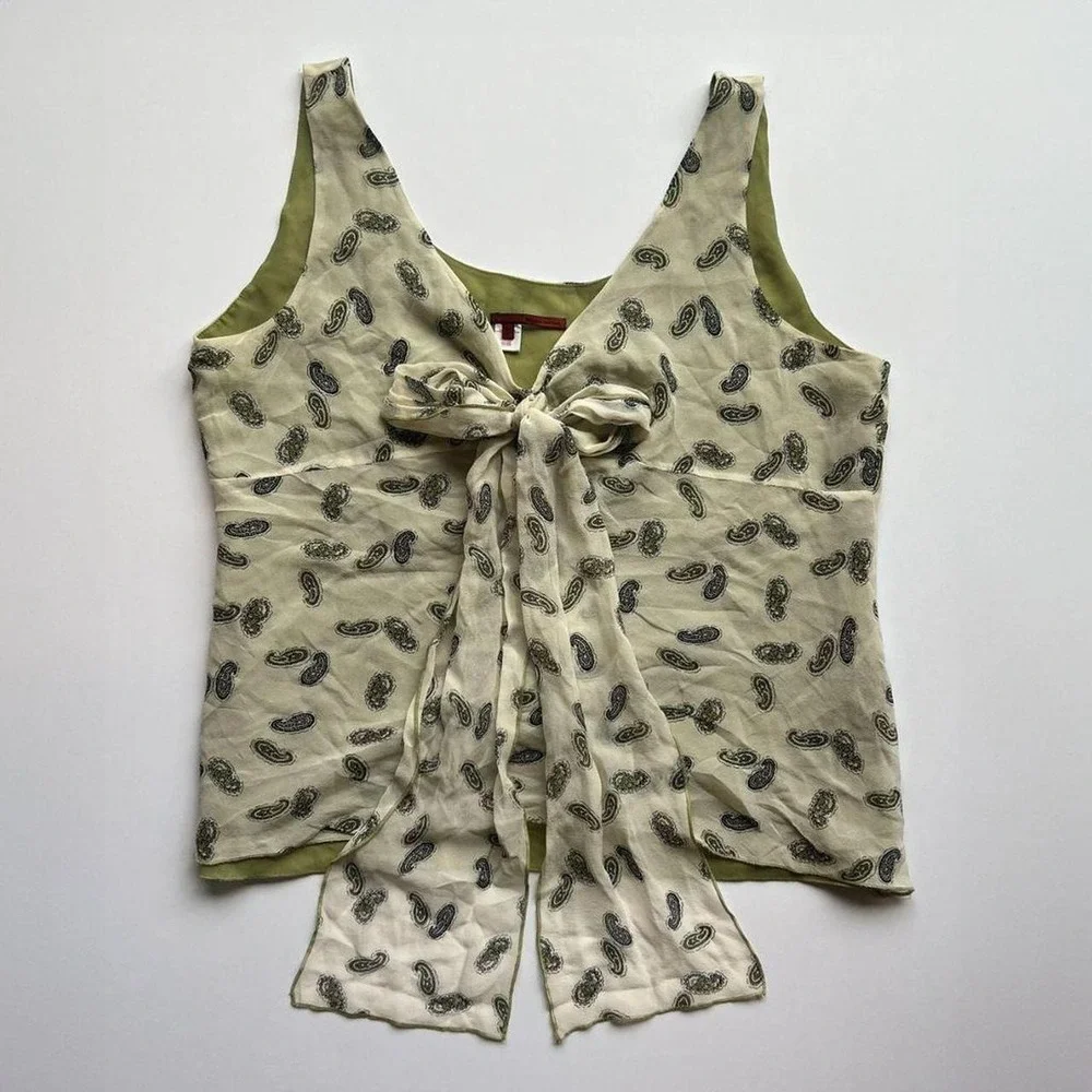 Y2K Vintage Tape Measure Silk V-Neck Babydoll Top Paisley Pattern - Picture 1 of 5